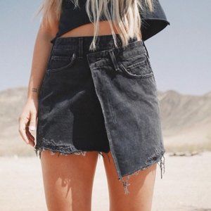 Agolde Pivot Black Distressed Denim Criss Cross Mini Skirt